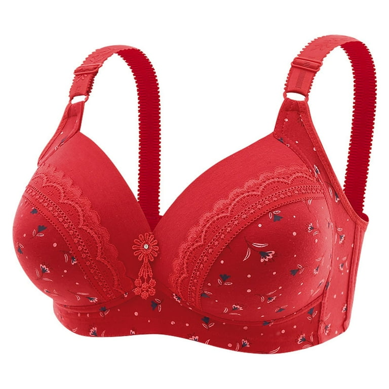 RYRJJ Full-Coverage Bras for Women No Underwire Push Up Bra Cute Print  Adjustable Strap Comfy Non Padded Minimizer Bras(Red,L)