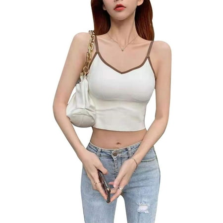 

JUNTEX Women Summer Spaghetti Strap Camisole Sexy V-Neck U-Shaped Backless Sports Bralette Push Up Padded Yoga Crop Tank Top Underwear