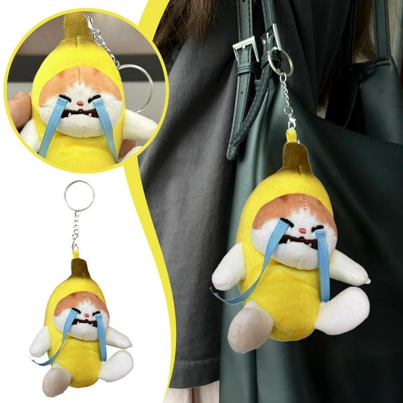 Crying Banana Cat Plush Key Chain, Sad Banana Cat Stuffed Animal, 4" Soft Backpack Key Chain