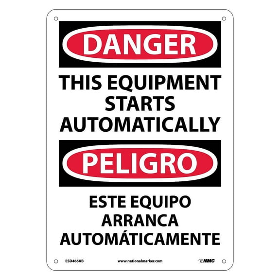 National Marker Danger Signs; This Equipment Starts Automatically Bilingual 14X10 .040 Aluminum