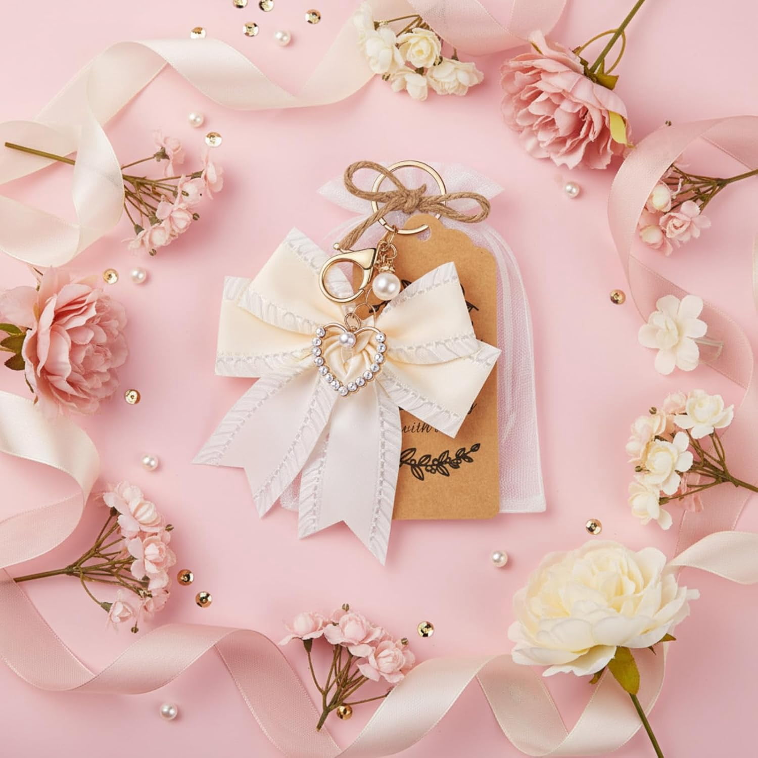 20 Set Pearl Bow Keychain Party Favor Bulk Steel Keyring Charm Accessories Souvenir Present Kraft Tag Organza Bag for Guest Baptism Bridal Shower Valentine Coquette Wedding Gift(White)