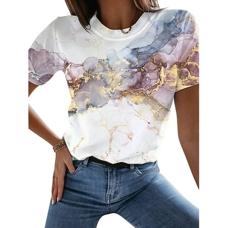 LilyLLL Womens Casual Tops Short Sleeve Floral Print Pullover Blouse T-Shirt