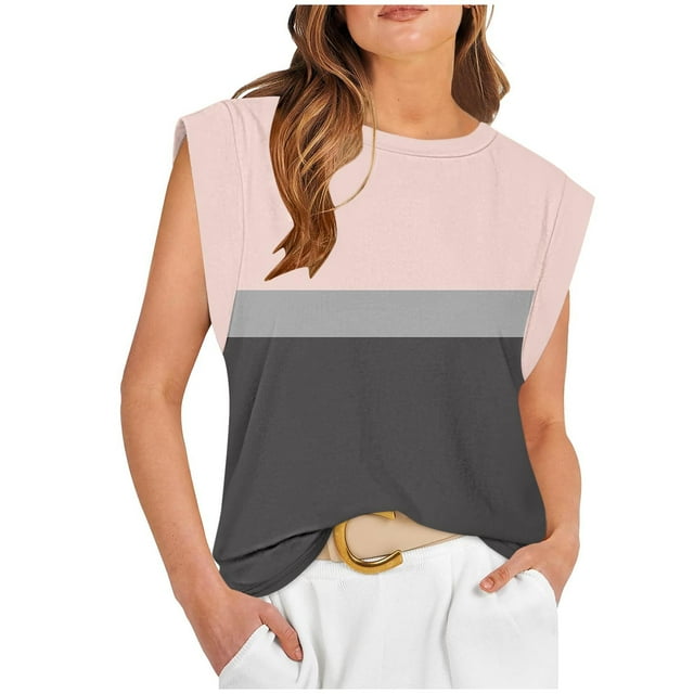 Sentmoon Hauts de Printemps pour Femmes Col Rond Débardeurs pour Femmes Imprimé Rayé Ample Blouse Sans Manches Fluide Été 2025 Élégant pour Détente à la Maison Gris Foncé L