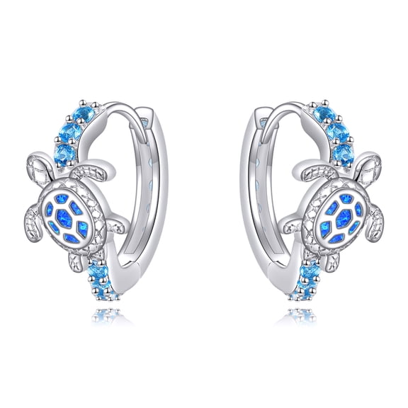 Sea Turtle Hoop Earrings for Women 925 Sterling Silver Wave Huggie Earrings Blue Opal Inspired Ocean Jewelry Gift for Her