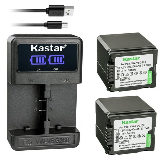 Kastar 2 Pack Battery and LCD Dual USB Charger Compatible with Panasonic VW-VBG070, VW-VBG070A, VW-VBG070-K, VW-VBG070PPK, VW-VBG130, VW-VBG130-K, VW-VBG130PPK, VW-VBG260, VW-VBG260-K, VW-VBG260PPK