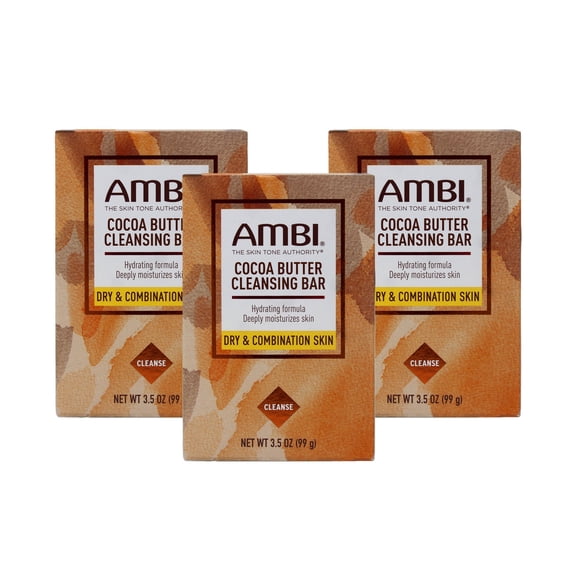 AMBI Cocoa Butter Cleanse Bar Soap, Hydrating Formula for Dry & Combination Skin, 3.5 OZ, - 3 Pack