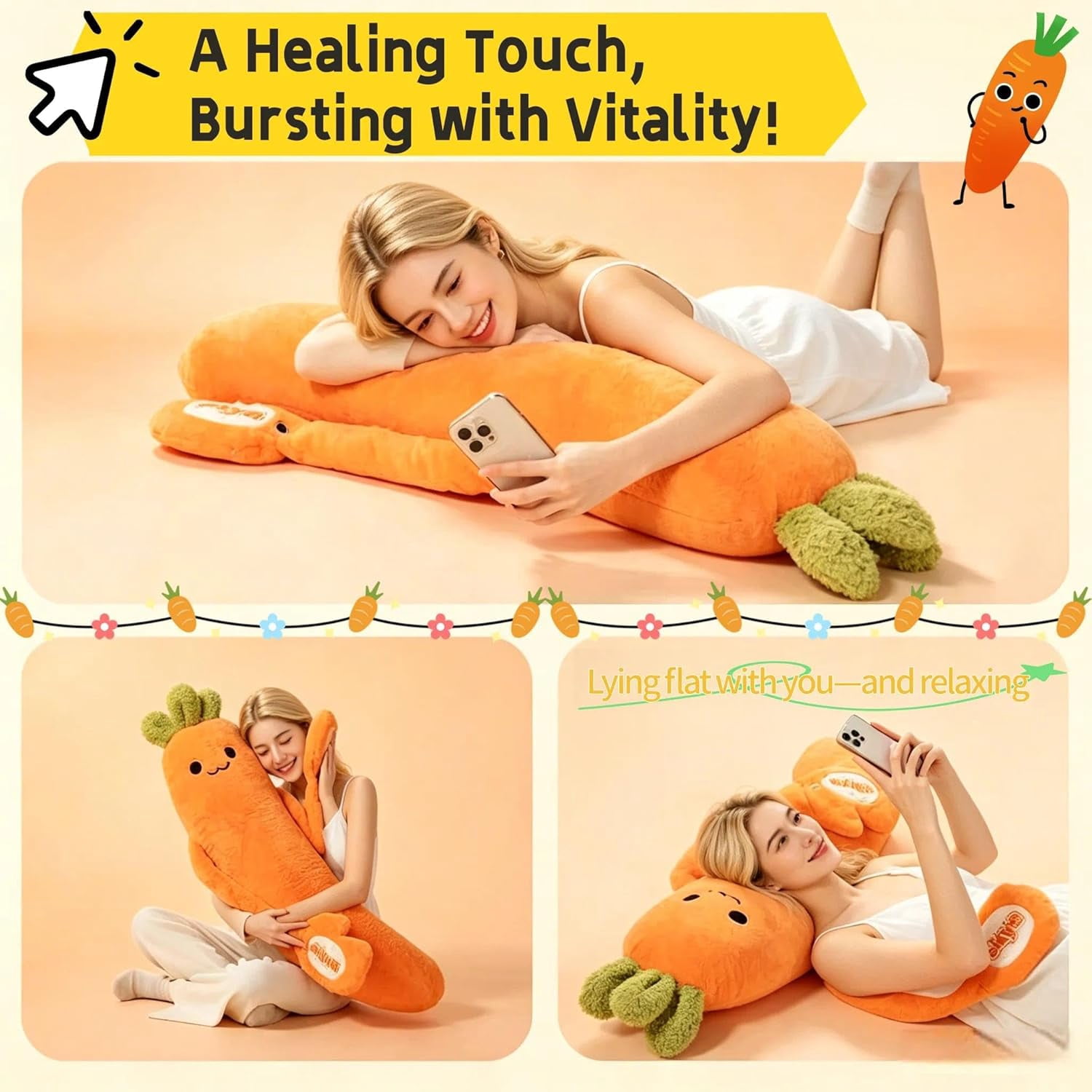 Hugging Patting Pillow for Adults, Carrot King Plush Buddy with Heating & Sleep Aid, Emotional Support Cuddle Soothe Tap Comfort Gift,patting,L
