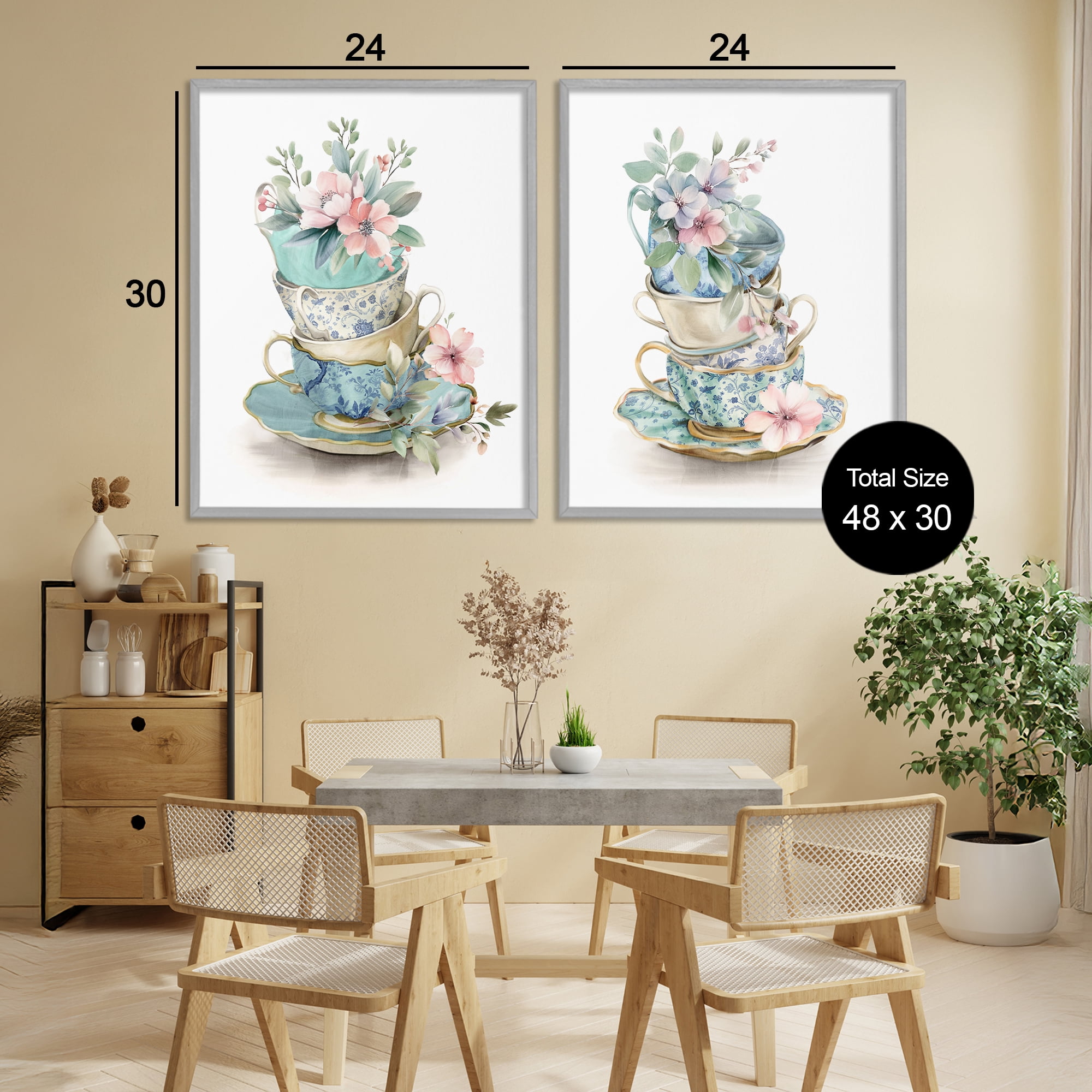 Stupell Industries Stacked Teacup Chinoiserie 2 Piece Gray Framed Giclee Art Set, design by Kim Allen
