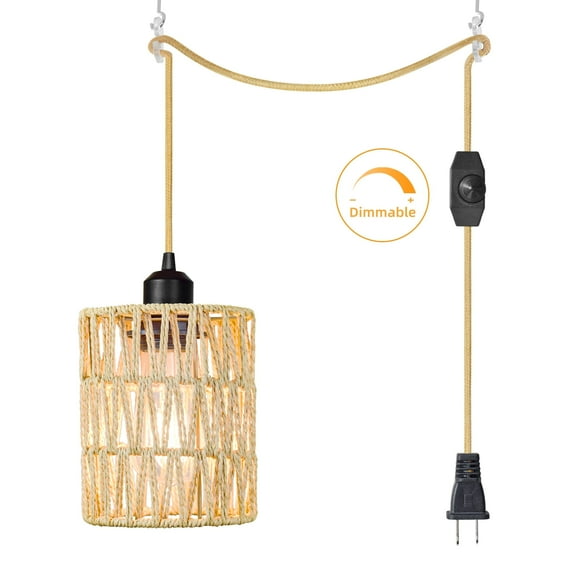 Hlite Boho Swag Plug in Pendant Hanging Light Fixtures with 15ft UL Dimmer Switch Cord,Rattan Woven Shade Farmhouse Ceiling Light for Home Decor