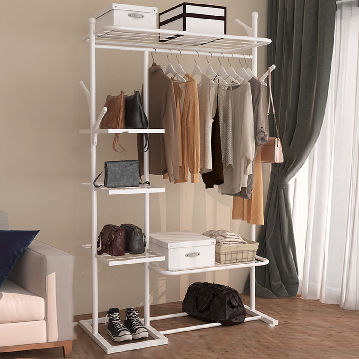 Metal Freestanding Garment Rack with Shelves, Portable 5 Tier Closet ...