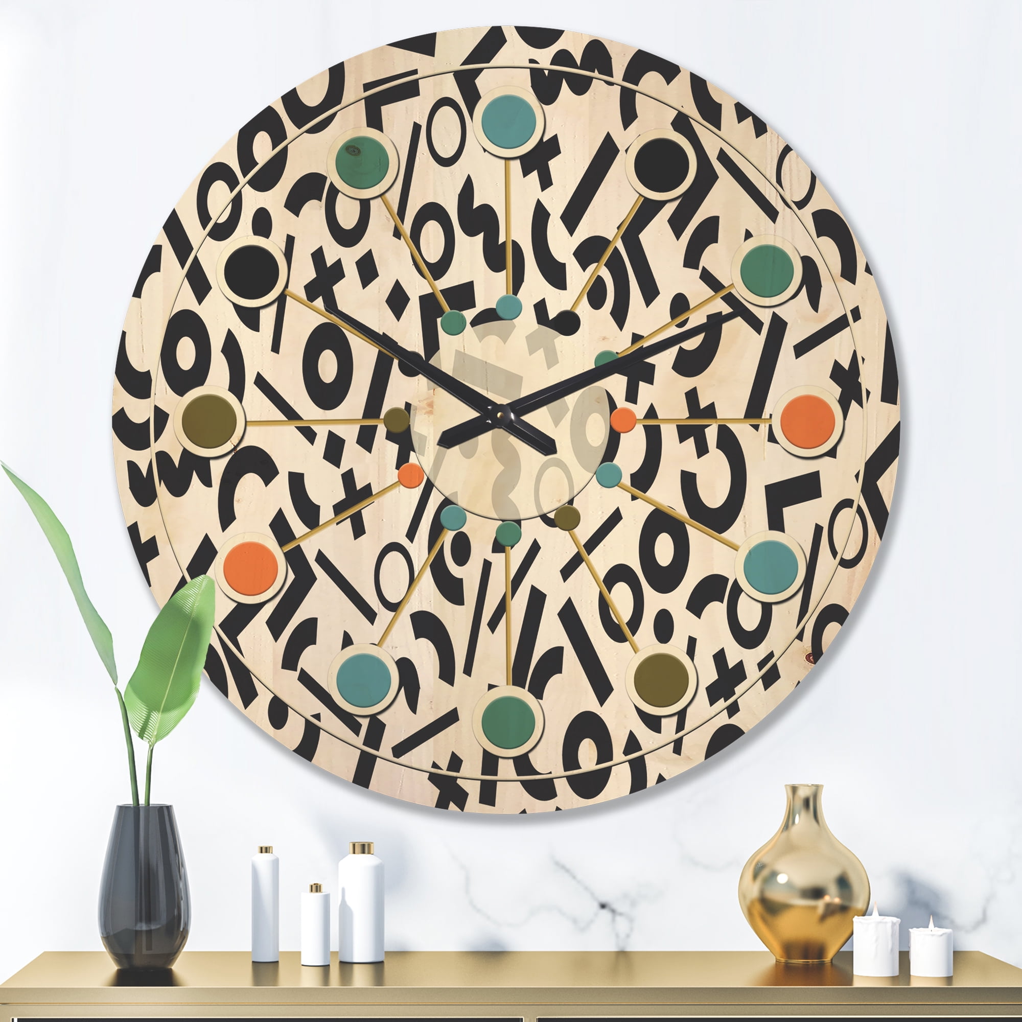 Designart 'Black and White Geometric Pattern X' Mid-Century Modern Wood Wall Clock