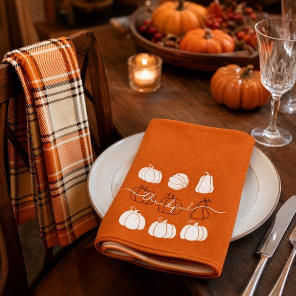 Eolstice Orange Pumpkin Thanksgiving Towel Set, Fine Fiber Absorbent Dish Towels, Cleaning Cloths, Dishwashing Drying, Kitchen Decor, Fall Harvest Linen