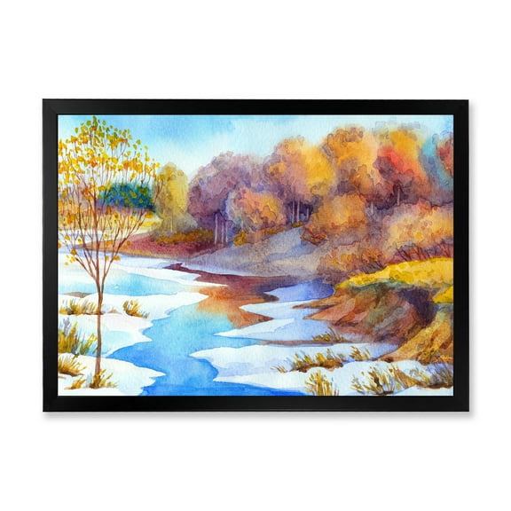 Designart 'Stream Though The Winter Forest Valley' Lake House Framed Art Print