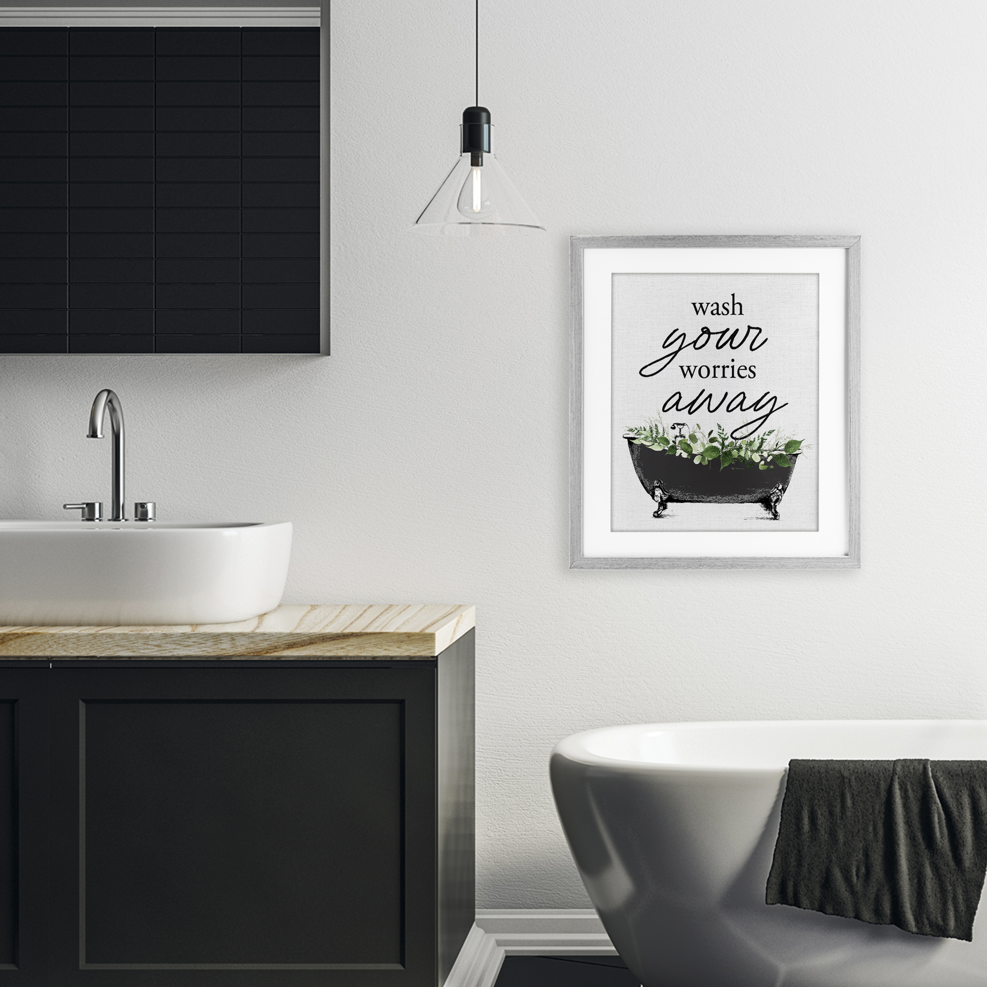 Wash Worries Away Herbs Gray Framed Print Under Glass, design by Lettered and Lined