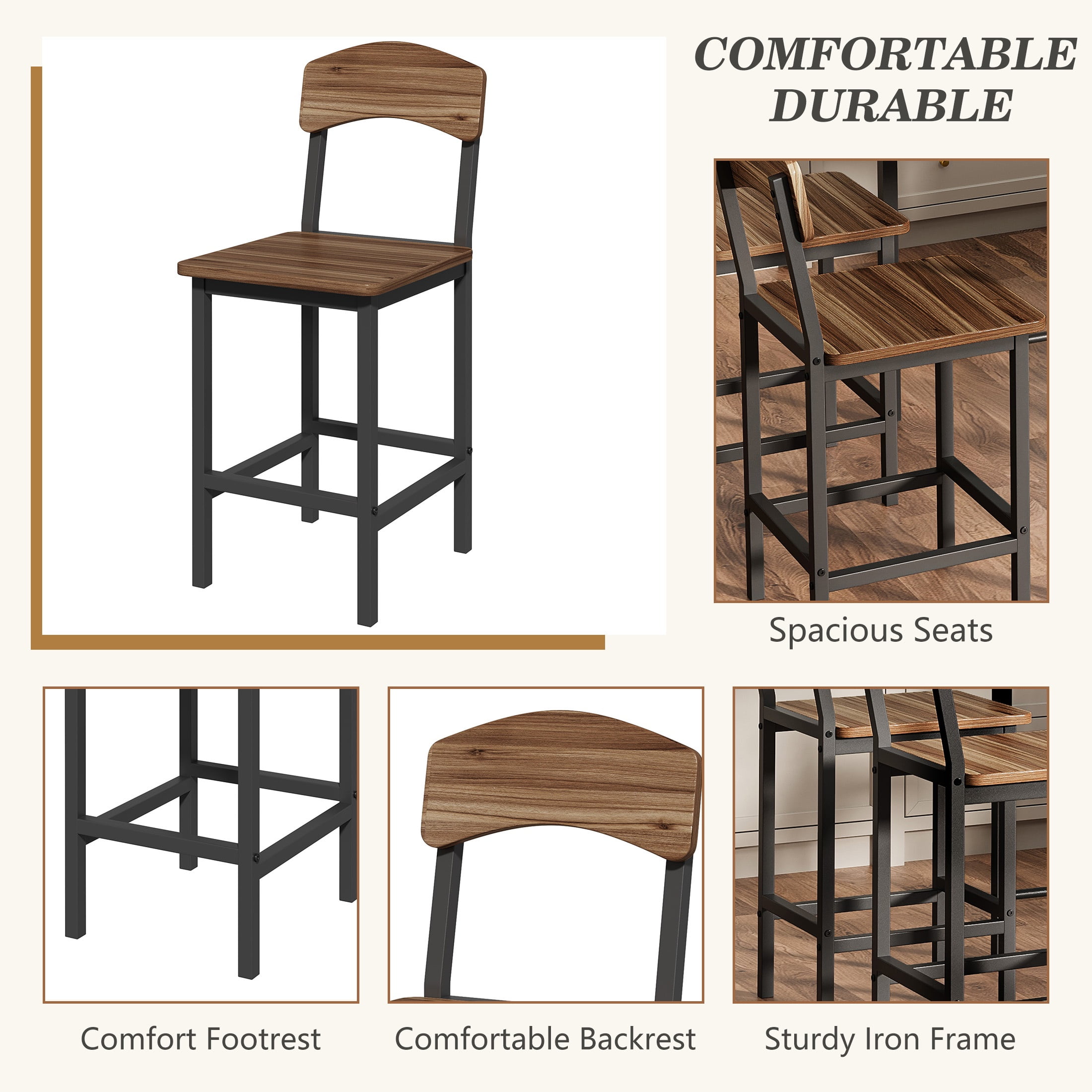 Dining Table Set for 4, Drop Leaf Pub Table and Dining Chair Set, Counter Height Table Set of 5, Kitchen Table Set with Stools for Kitchen Apartment Bistro, Brown