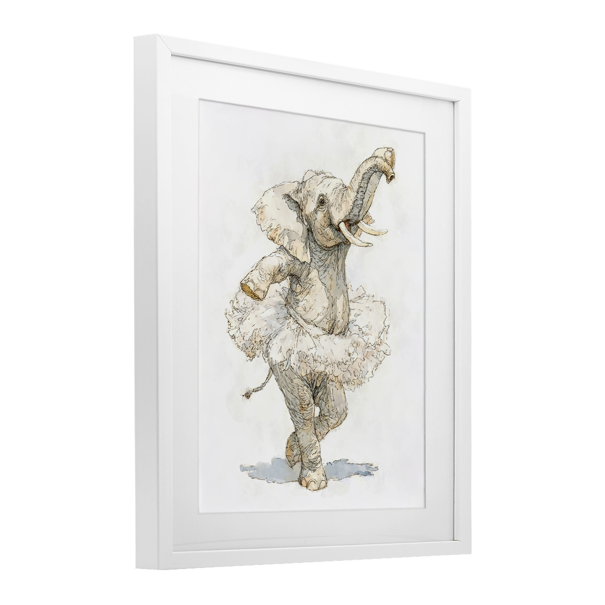 Ballet Elephant Tutu White Framed Print Under Glass, design by Ziwei Li