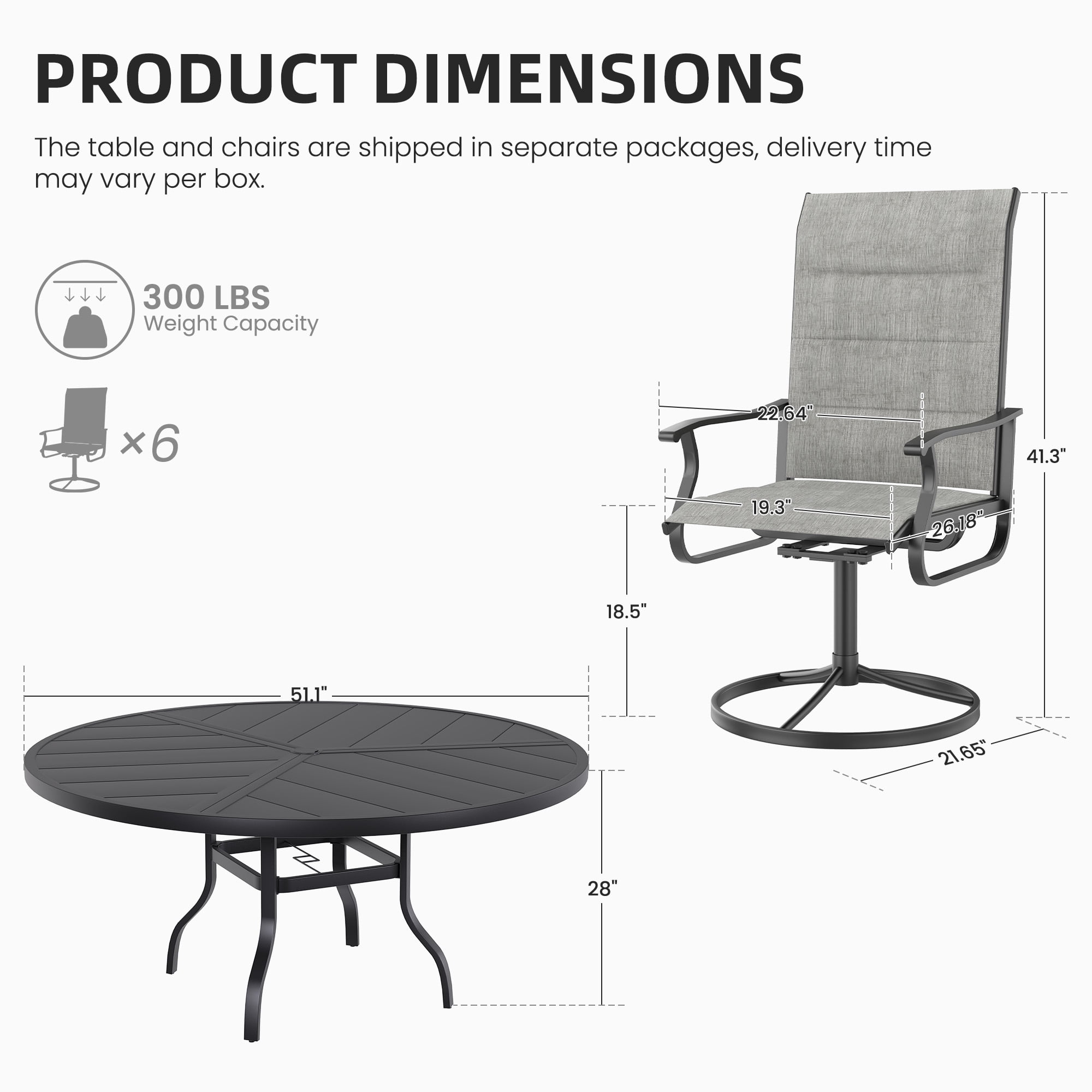 ELPOSUN 7 Piece Outdoor Patio Dining Set Swivel High Back Padded Textilene Chairs and Round Table Furniture Set,Light Gray