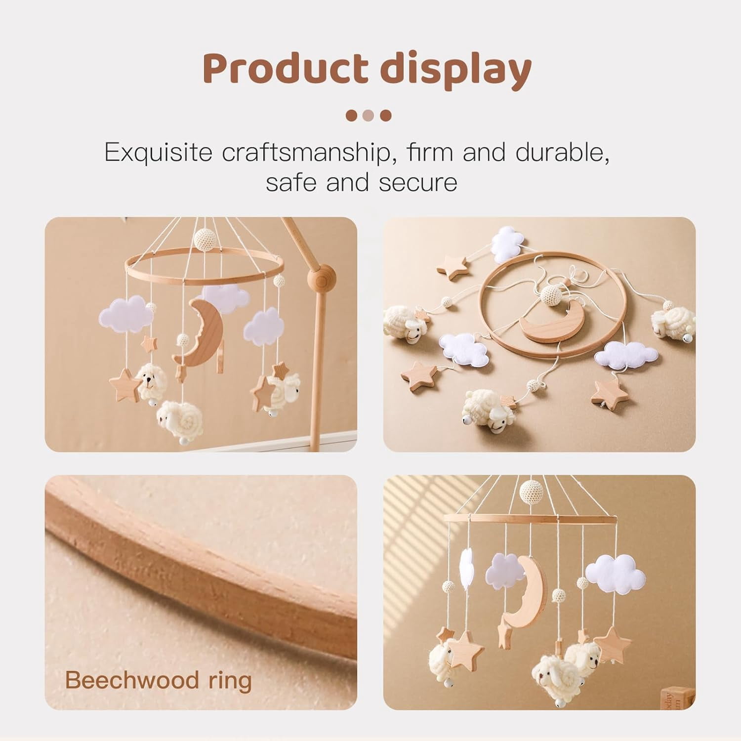 Wooden Baby Crib Mobile – Montessori-Inspired Nursery Decor with Soft Neutral Tones, Handcrafted Hanging Toy for Newborns 0-6 Months, Calming Visual & Sound Stimulation Gift​