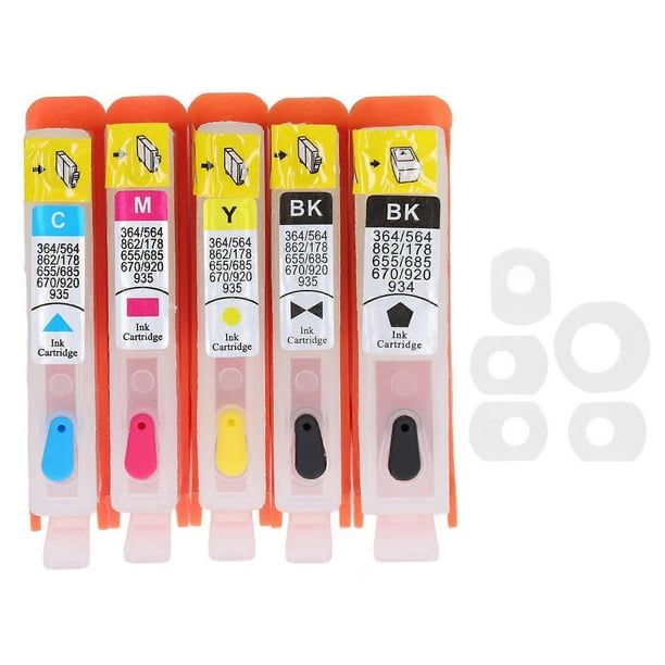 5PCS Ink Cartridge Set BK C M Y Smooth Ink Output Cartridge Combo Pack with Permanent Chip for Replacement for HP 364