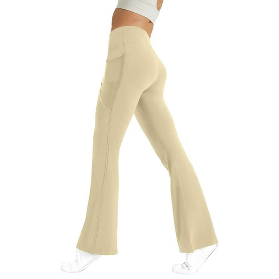 Women's Leggings Women's Solid Color High Waisted Hip Elastic Pocket Fitness And Sports Tight And Nude Yoga Long Pants Workout Pants Women Beige M