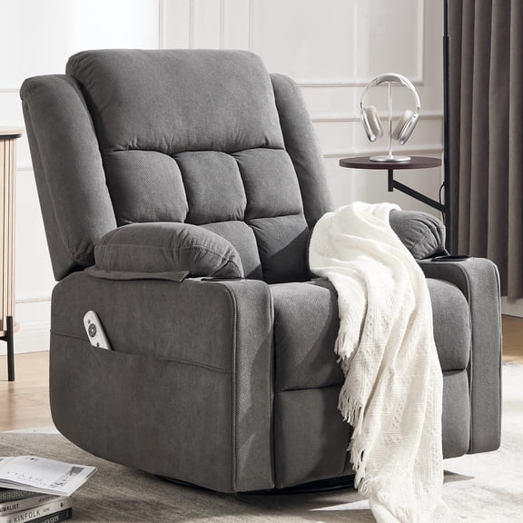 Swivel Rocker Recliner Chair for Adults with Massage and Heat, Cup Holders and Side Pockets, Glider Rocking Reclining Single Sofa Chair for Living Room (Dark Grey)