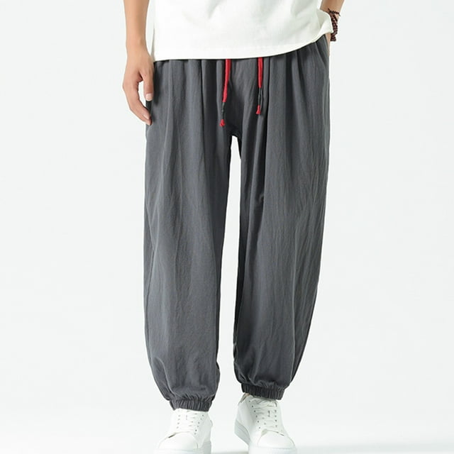 AherBiu Plus Size Mens Linen Pants Drawstring Joggers for Men Elastic Waisted Casual Loose Trousers