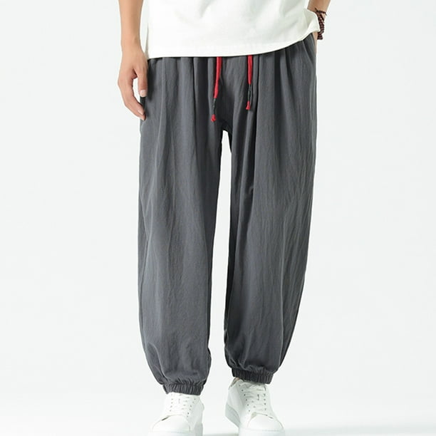 Pantalones largos de lino con cintura elástica para hombre, pantalones Haren de talla grande, pantalones casuales holgados de lino con cordón ajustable, pantalones para hombre