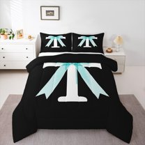 Manfei Cartoon Monogrammed T Queen Comforter Set, Kawaii Ribbon Bow-tie Bedding Comforter Set, Teen Boy Girl Kid Reversible Bedding Set, Lightweight Room Decor, 3-Piece