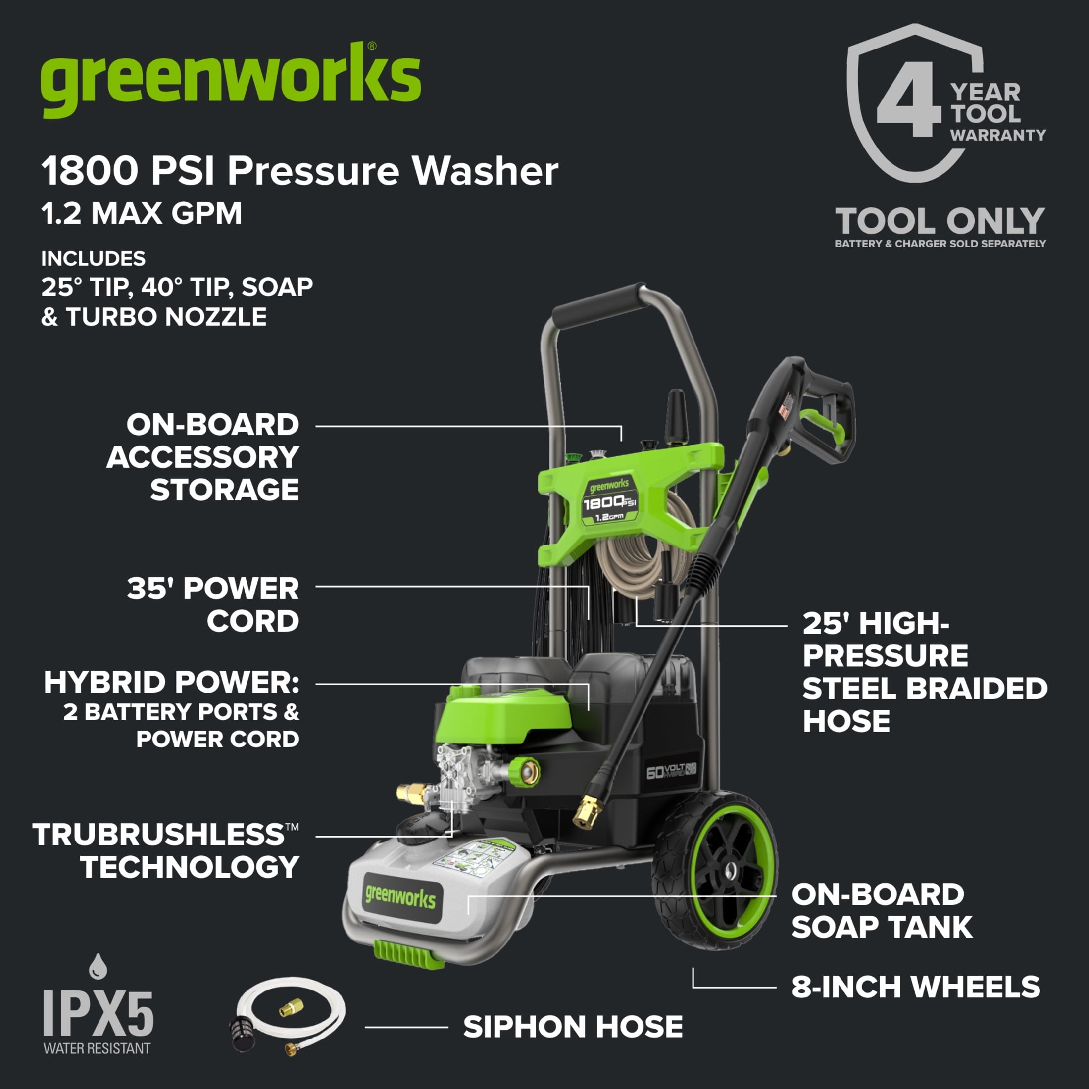 Greenworks Hybrid 60V 1800 PSI at 1.2 GPM Electric Cold Water Pressure Washer 5109402T