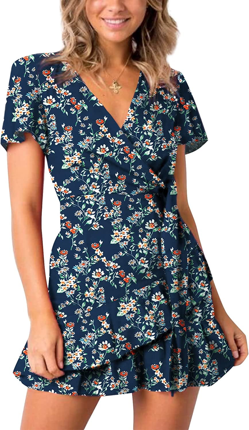 Relipop Summer Women Short Sleeve Print Dress V Neck Casual Short Dresses -  Walmart.com