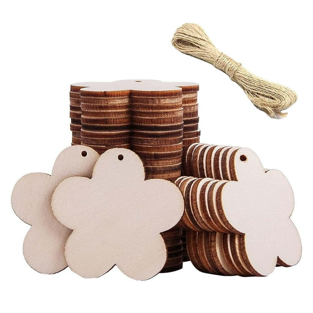 100 etiquetas de recuerdo de fiesta, piezas de madera en blanco sin terminar para pintar adornos colgantes flores