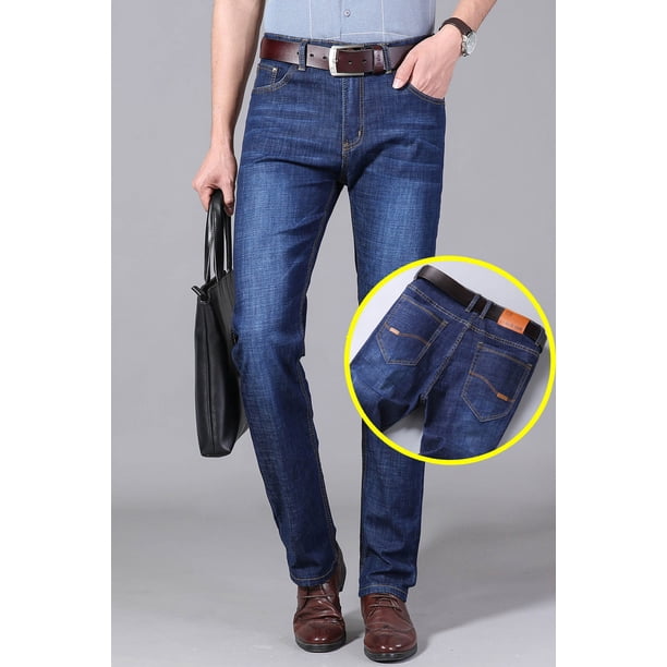 KUBRO, pantalones vaqueros finos de verano para hombre, pantalones vaqueros rectos azules, pantalones vaqueros holgados informales para trabajo, pantalones vaqueros de pierna ancha de alta elasticida