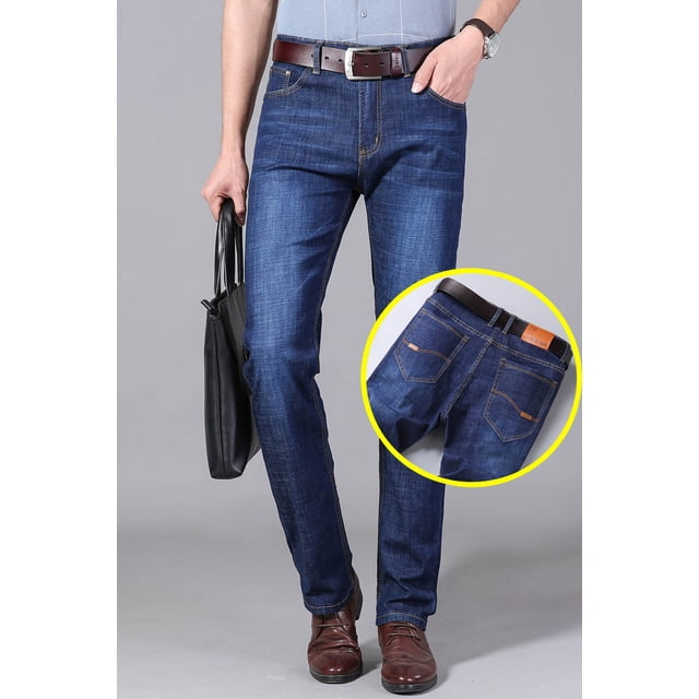 KUBRO, pantalones vaqueros finos de verano para hombre, pantalones vaqueros rectos azules, pantalones vaqueros holgados informales para trabajo, pantalones vaqueros de pierna ancha de alta elasticida