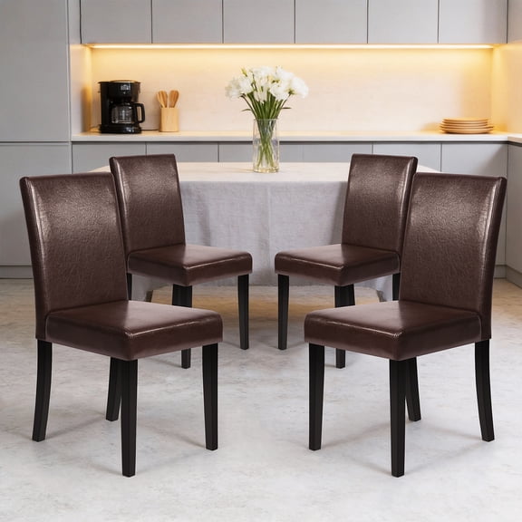 Dkelincs Leather Dining Chairs Set of 4, Modern Parsons Armless Kitchen Side Chairs with Solid Wooden Legs for Home Kitchen Dining Room Living Room, Brown