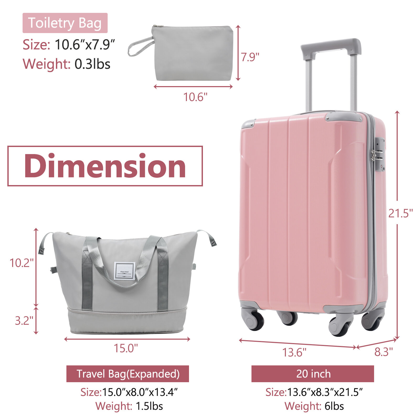 Hardside Luggage 20 Inch Carry On Luggage Set 3 Piece with Spinner Wheels, Lightweight Hardshell ABS Suitcase for Weedend Getaways, Business Travel,Hardside Carry On Luggage