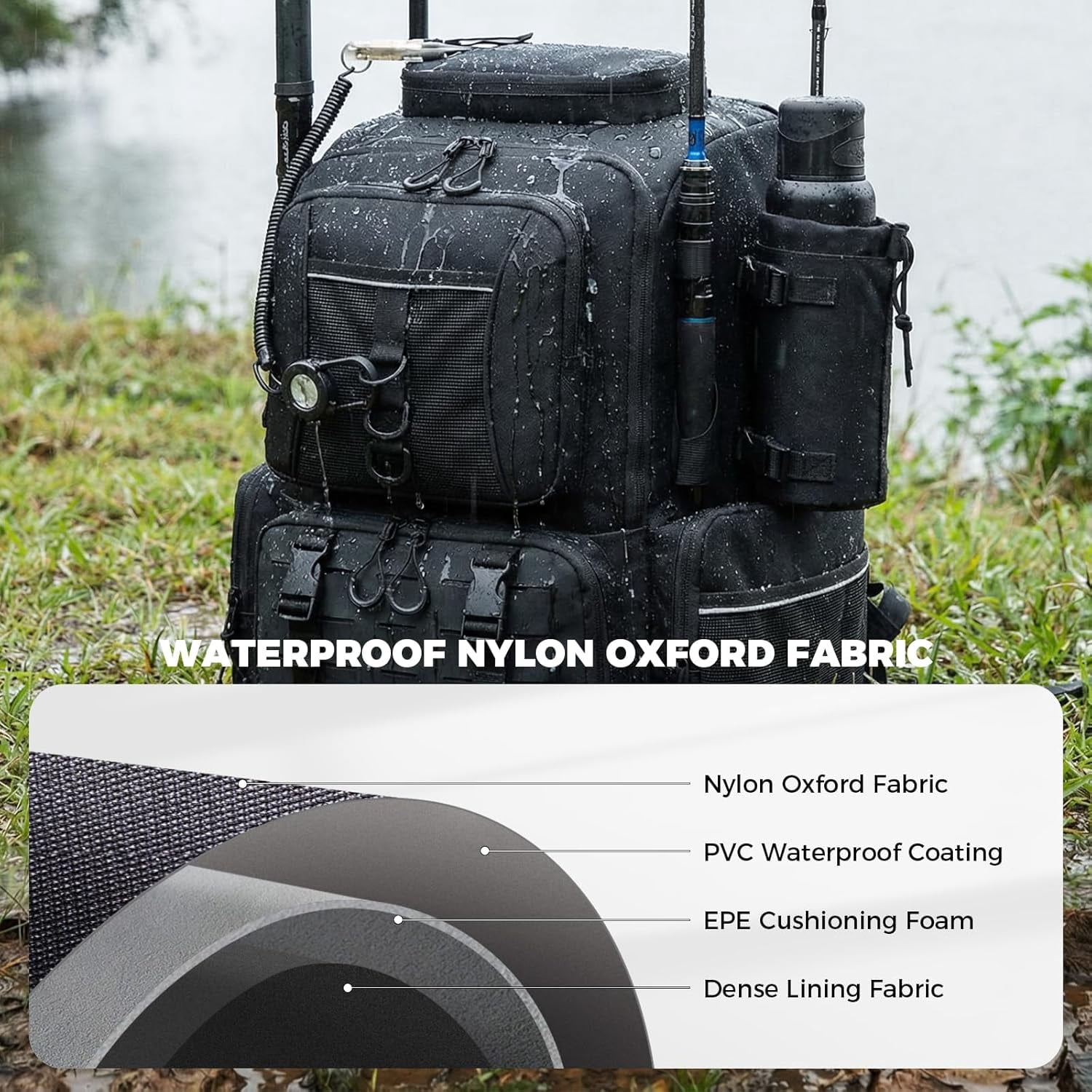 WANOON Fishing Backpack 45L Waterproof with Insulated Bait Pocket & 4 Rod Holders for Outdoor Adventures