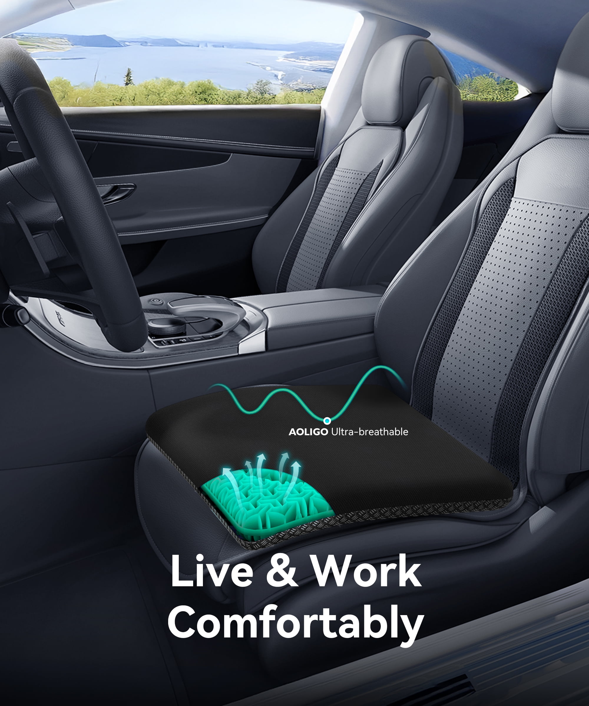 AOLIGO Gel Seat Cushion for Long Sitting, 17" x 15" Enlarged Thickened Pad, Soft & Breathable Office and Wheelchair Comfort, Cyan