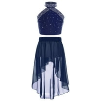 Haitryli Kids Girls 2Pcs Lyrical Dance Outfits Crop Tops with Tutu Skirt Ballet Dancewear Gymnastics Costume Navy Blue 8