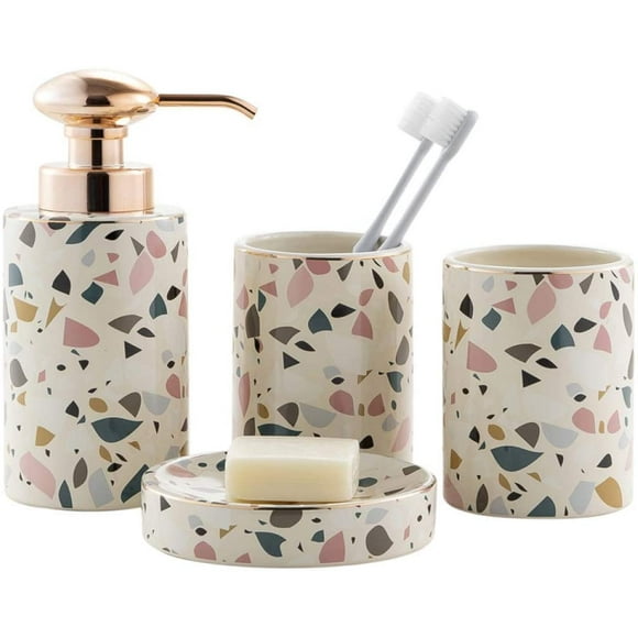 4 Piece Bathroom Accessory Set, Ceramic Bath Complete Set Includes Soap Dispenser Pump, Toothbrush Holder, Tumbler, Soap Dish with Gift Box Ideas for Home Decor Gift (Floral)