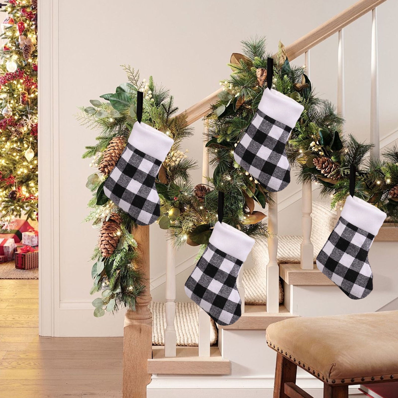 Plush Christmas Stocking with Checkered Pattern Soft Hanging Holiday Decor for Fireplace Mantel Xmas Tree Ornament and Gift Candy Bag