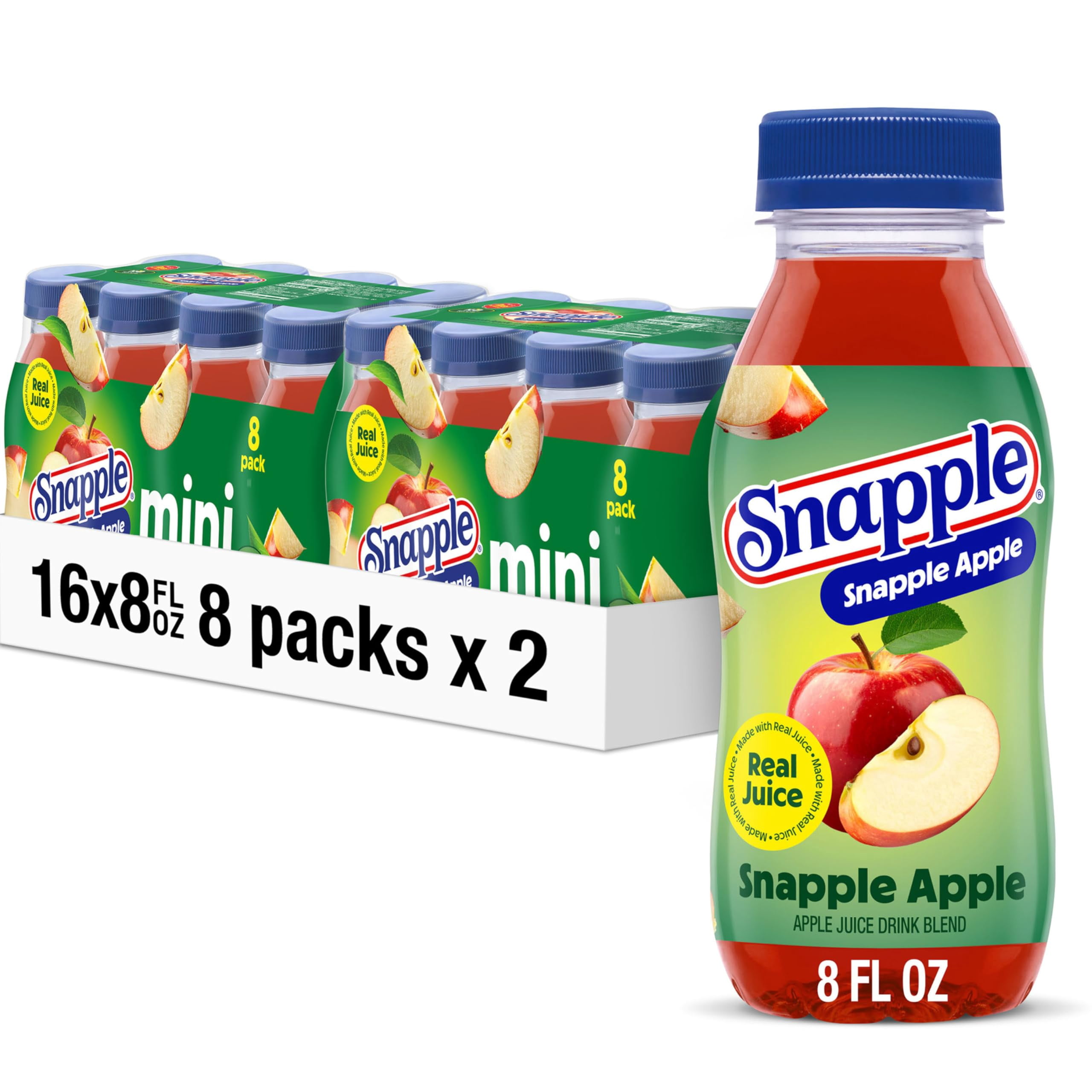 2 Pack | Snapple Apple Juice Drink, 8 Fl Oz Mini Bottle, 16 Pack (2 Packs Of 8) & 3x Disposable Cup