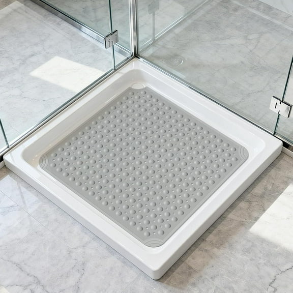 Square Shower Mat 32x32, Non-Slip Shower Mats with Drain Holes and Suction Cups, Walk-in Mat for Inside Shower Stall, Anti-Slip for Elderly (Dark Grey)