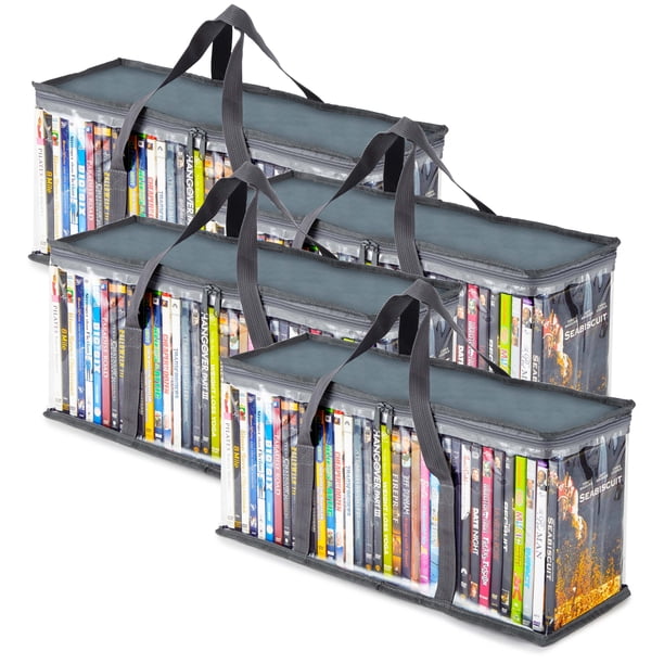 Bolsas organizadoras para DVD (juego de 4) para almacenar DVD, CD, discos Blu-ray, cajas de películas, VHS y videojuegos. Soportes de plástico transparente con asas y cierre de cremallera, color gris.