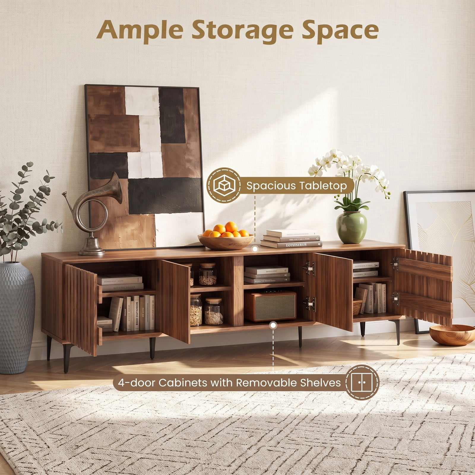 Furnibear Mid Century Modern Entertainment Center, 71 Inch TV Stand for TVs up to 80 Inch, Media Console with 4 Storage Cabinets and Slatted Doors, Wood TV, Walnut