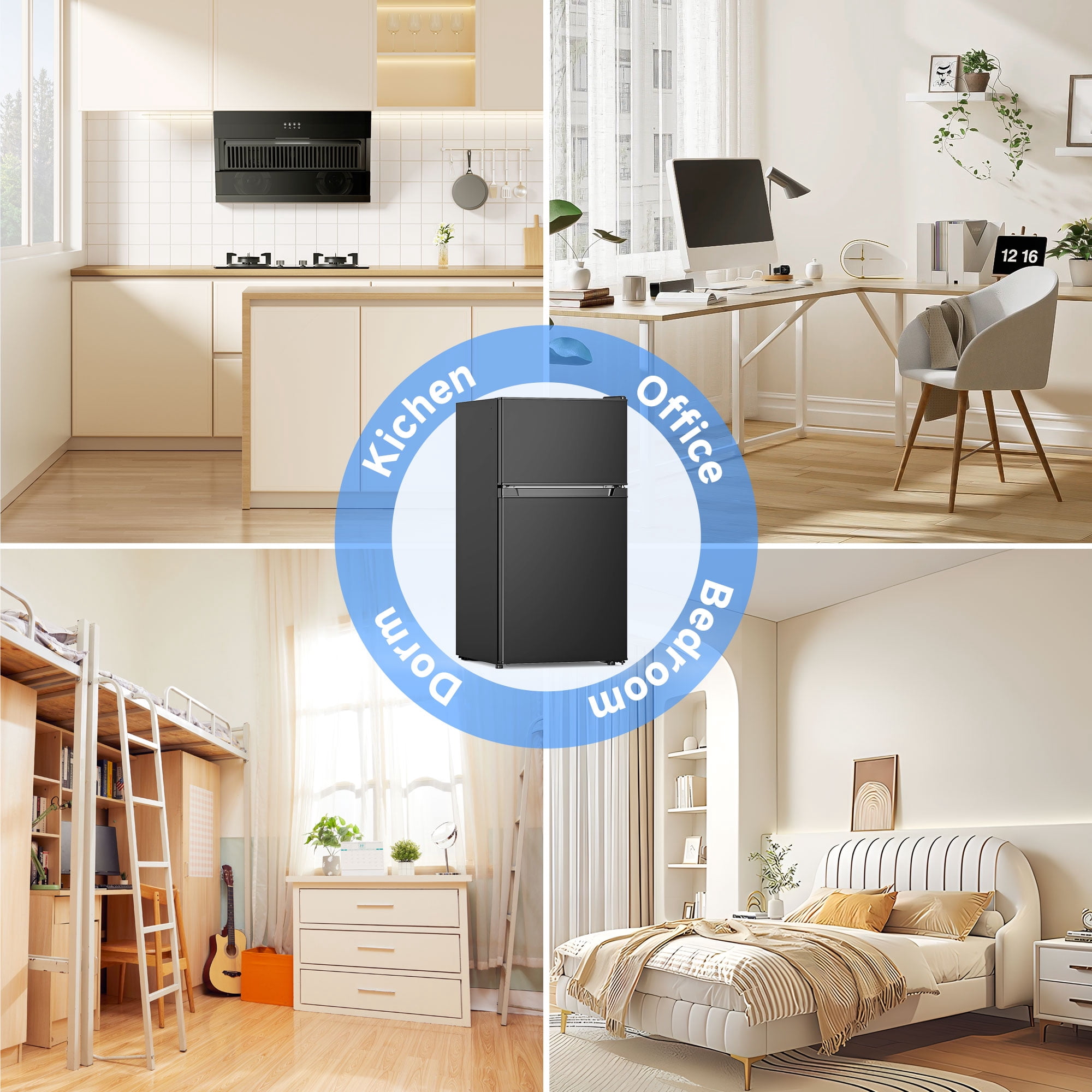 Aootek 3.2 Cu.ft Two Door Mini Fridge with Freezer Energy-Saving Compact Refrigerator Suitable for Bedroom,Apartment,Kitchens, Offices, Dormitories Black