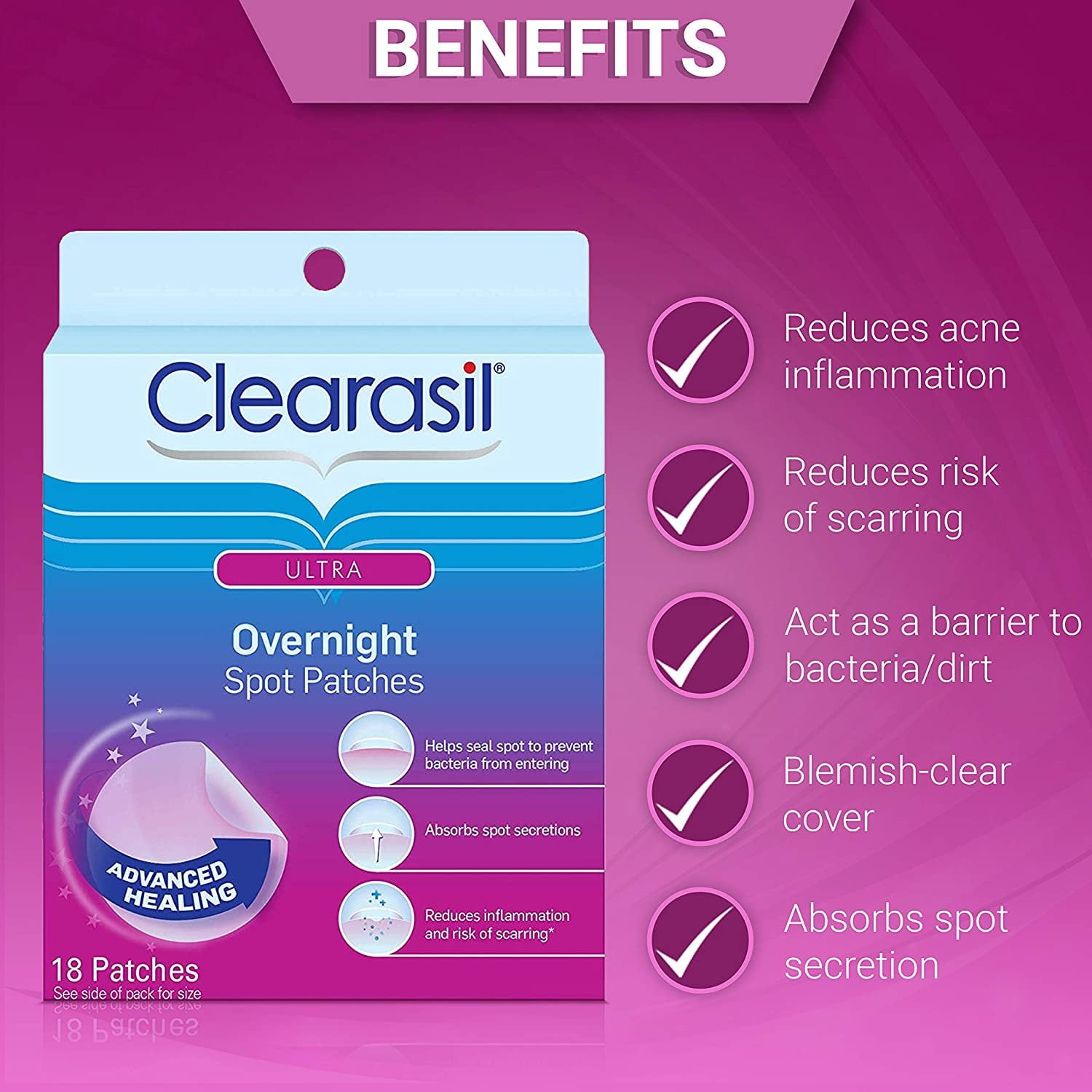 Clearasil Ultra Overnight Spot Patches For Seals Out Bacteria, 18 Ea, 2 Pack