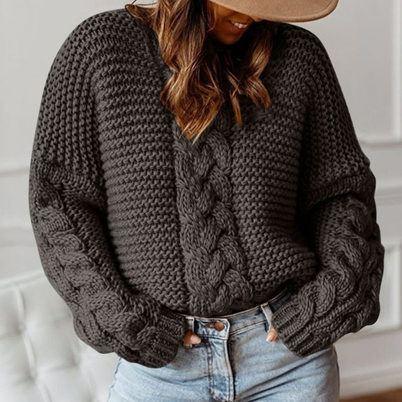 Aobny Fashion Sweaters for Women Oversized Gray Cable Knit V-Neck Solid Long Sleeve Pullover Juniors Tops Work