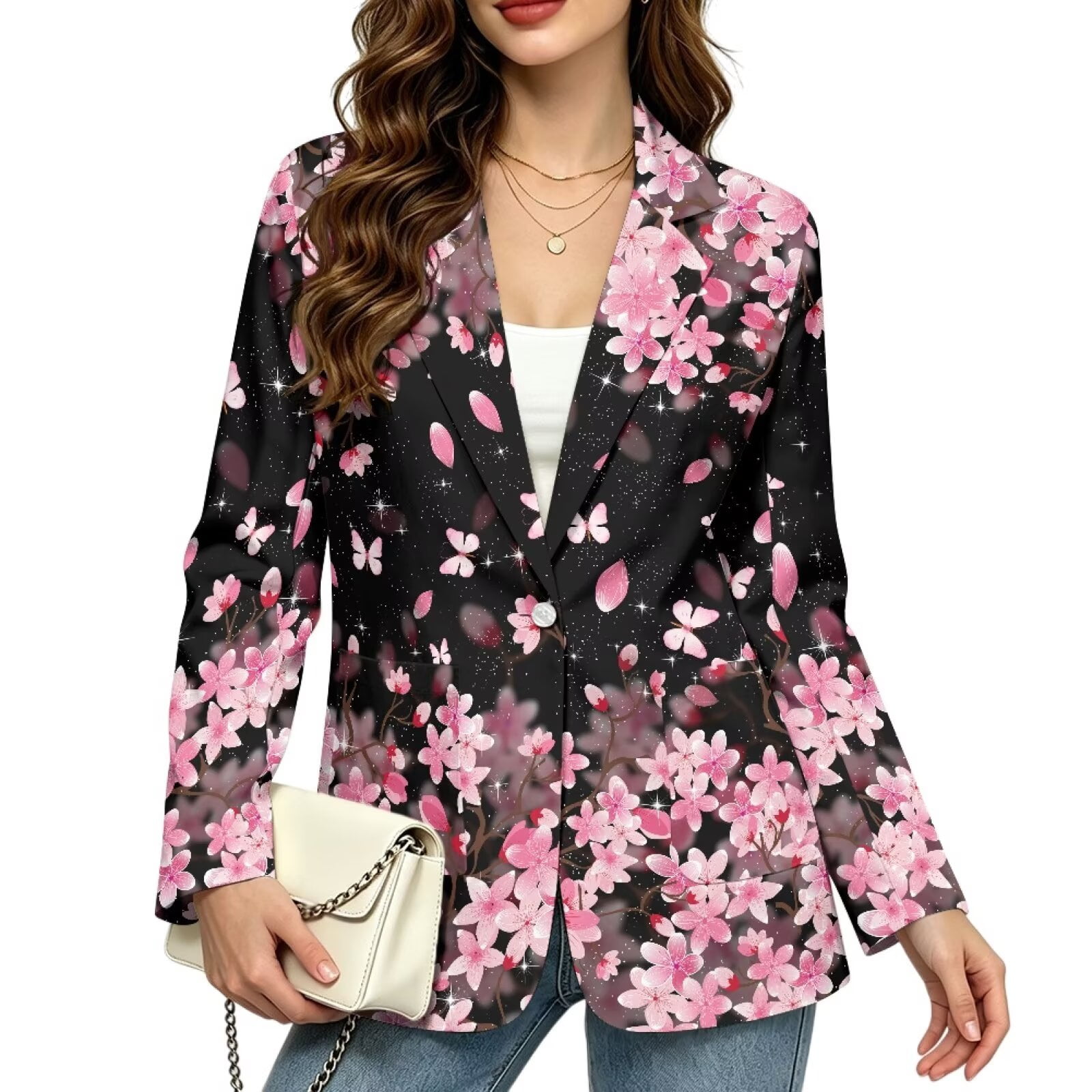 Xoenoiee Butterfly Cherry Blossom Print Womens Sweater Blazer Casual Cardigan Long Sleeve Lapel Collar Blazers Button Up Dressy Casual Suit Jackets Lightweight Work Office Outfits Fall Clothes 2XL