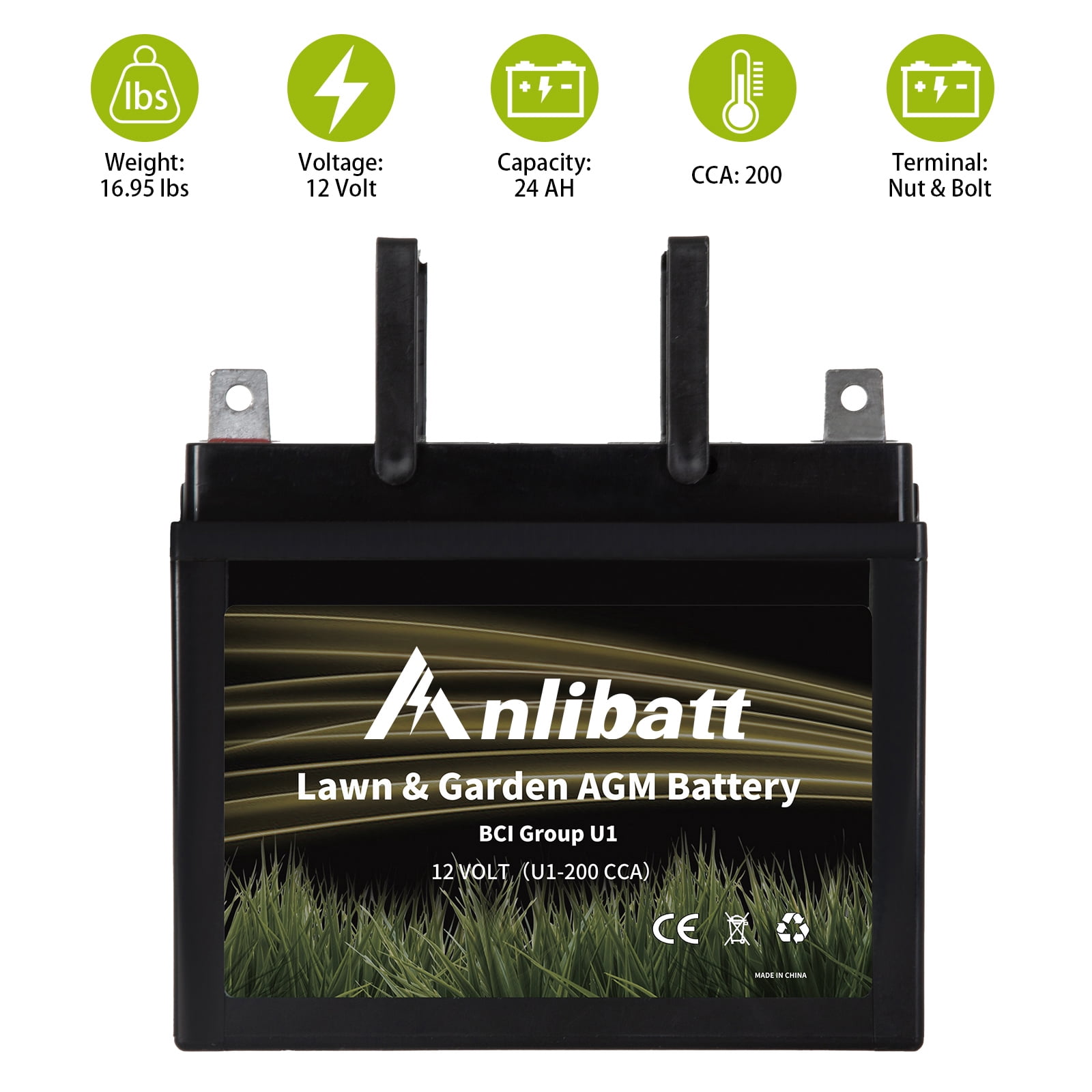 Anlibatt Lawn and Garden AGM Battery, Group Size U1 12 Volt, 200 CCA 24 Amp, Top Post for Lawn Mower/Tractor