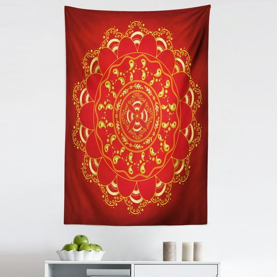Mandala Tapestry, Ottoman Art Ornament Hand Drawn Oriental Floral Themed Illustration, Fabric Wall Hanging Decor for Bedroom Living Room Dorm, 5 Sizes, Yellow Red, by Ambesonne